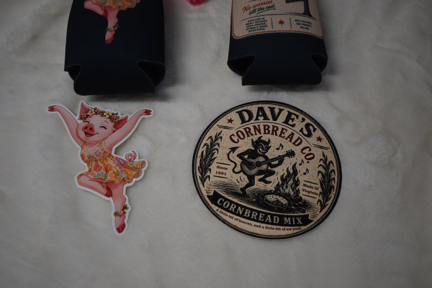 Bottle Cooler Overstock Package – Pig and Cha-Cha Bottle Coolers, Dave’s Cornbread and Pig Firedancer Stickers, and Free Pig