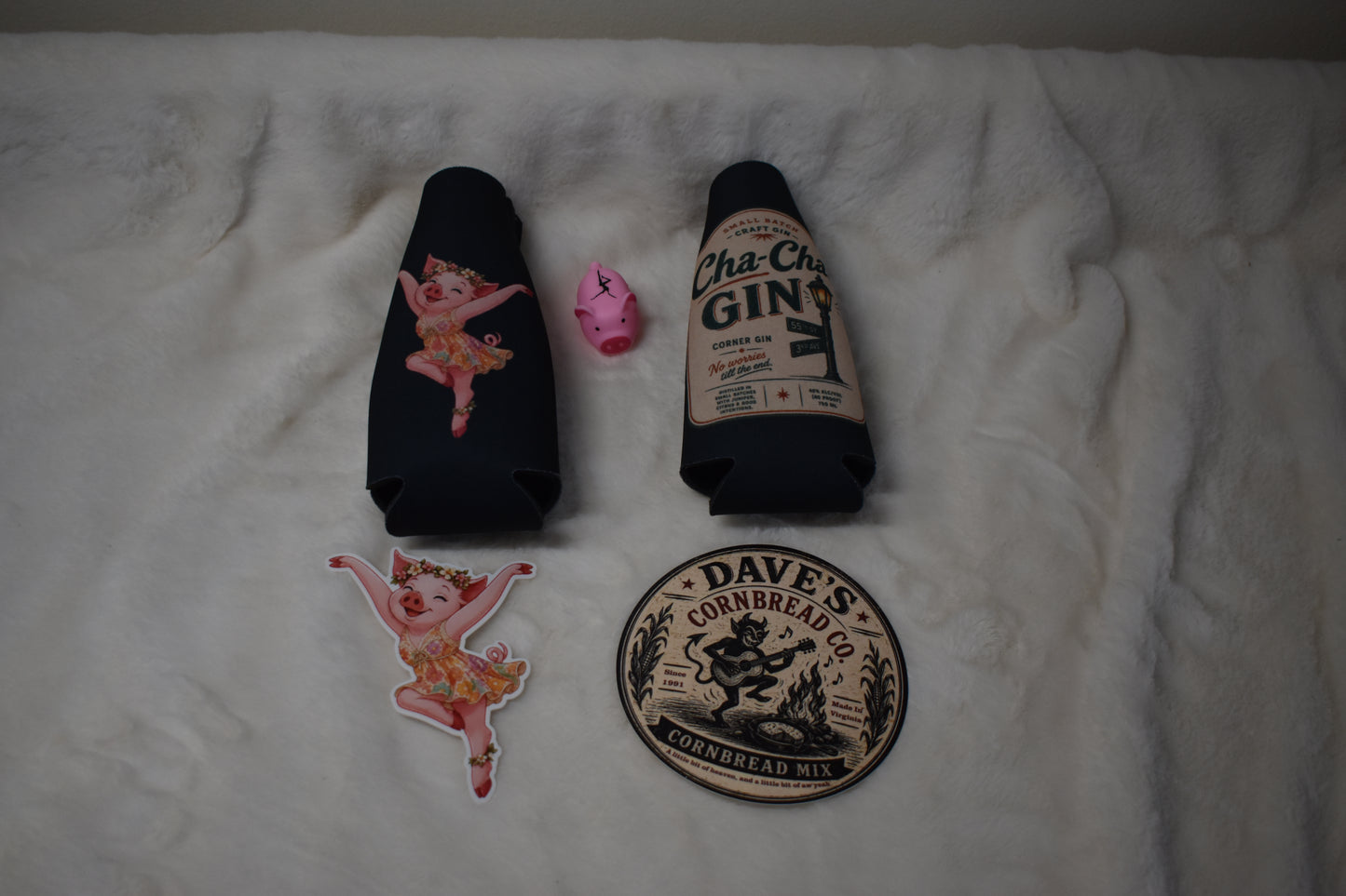 Bottle Cooler Overstock Package – Pig and Cha-Cha Bottle Coolers, Dave’s Cornbread and Pig Firedancer Stickers, and Free Pig