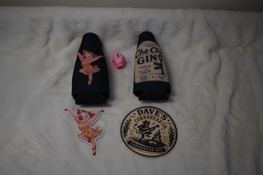 Bottle Cooler Overstock Package – Pig and Cha-Cha Bottle Coolers, Dave’s Cornbread and Pig Firedancer Stickers, and Free Pig