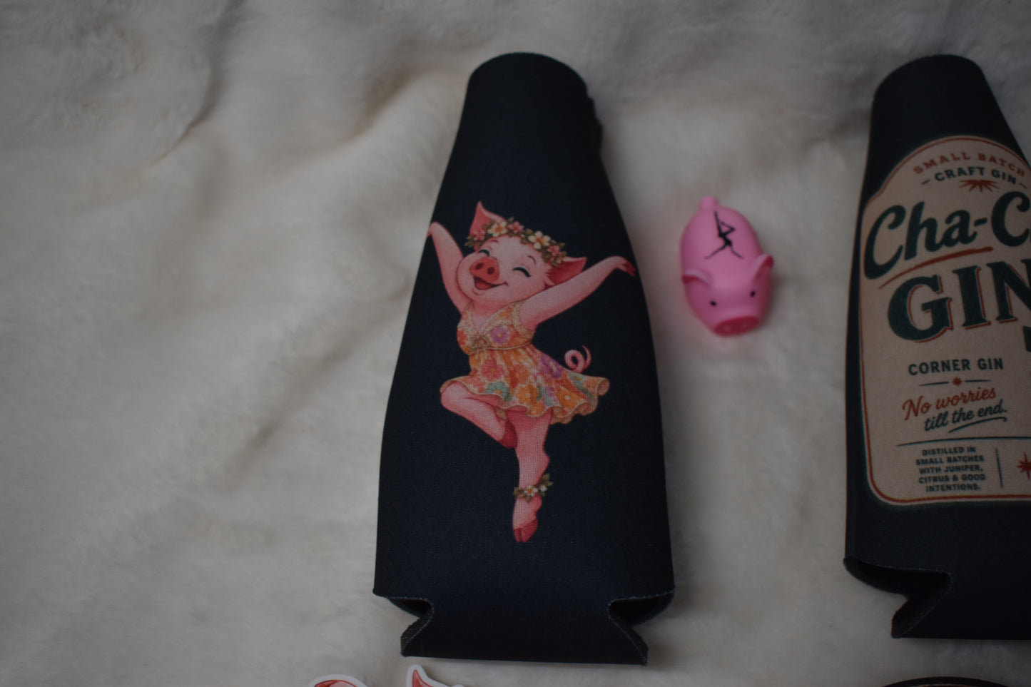 Bottle Cooler Overstock Package – Pig and Cha-Cha Bottle Coolers, Dave’s Cornbread and Pig Firedancer Stickers, and Free Pig
